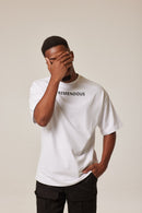 WHITE OVERSIZED LUXURY QUALITY DROP SHOULDER MOCK NECK GRAPHIC T-SHIRT