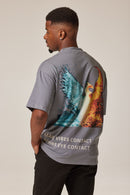 GREY T-SHIRT OVERSIZED LUXURY QUALITY DROP SHOULDER MOCK NECK WITH BACK COLOURFUL PRINT PHOENIX