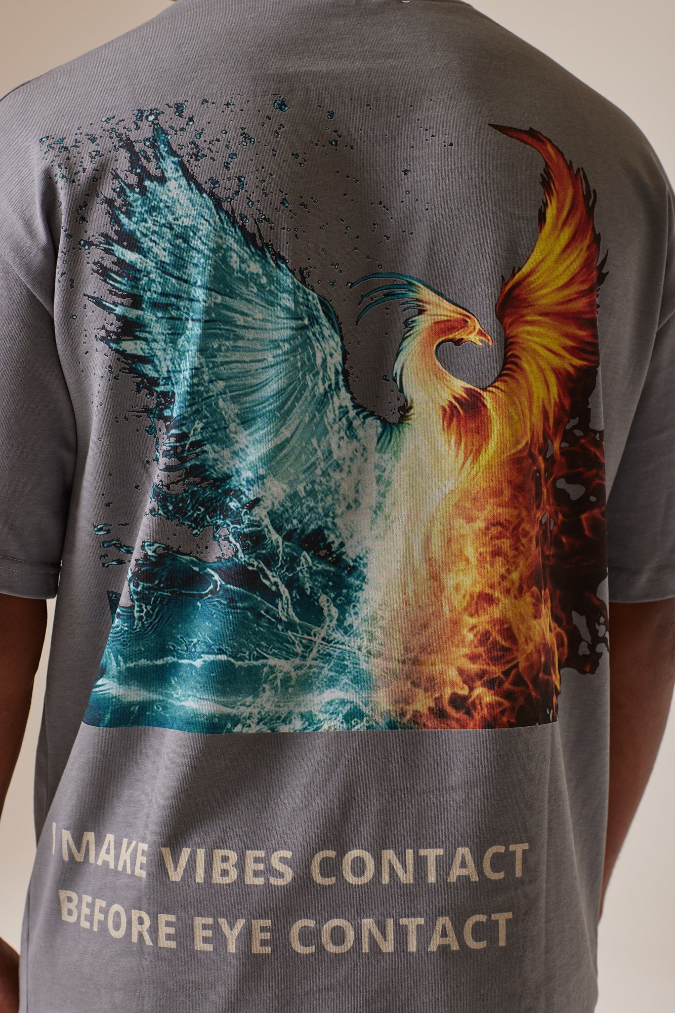 GREY T-SHIRT OVERSIZED LUXURY QUALITY DROP SHOULDER MOCK NECK WITH BACK COLOURFUL PRINT PHOENIX